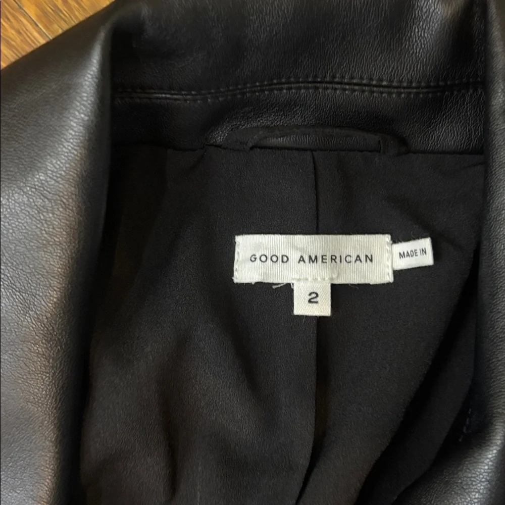 Good American Black Faux Leather Sculpted Blazer, Zipper detail on arms, size 2